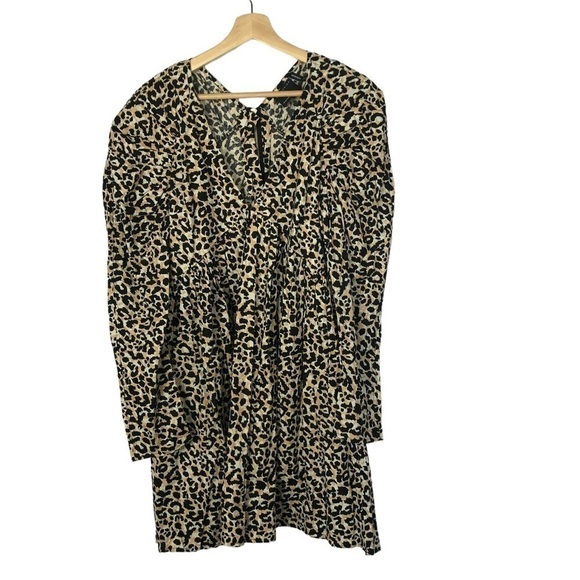 ASOS Brown Leopard Print V-Neck Puff Long Sleeve Mini Dress 8 - Picture 1 of 3